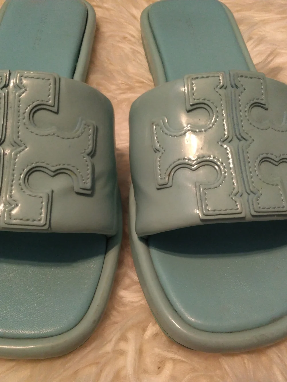 Tory Burch Women’s Blue Double T Sport Slide Sandals Leather Slip-On US 7.5